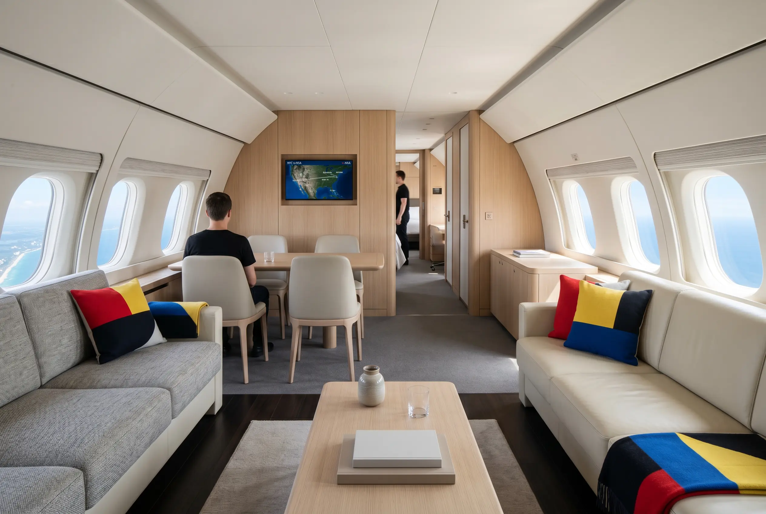Airbus ACJ319 VIP cabin with a lounge and separate rooms for a New York to Miami charter