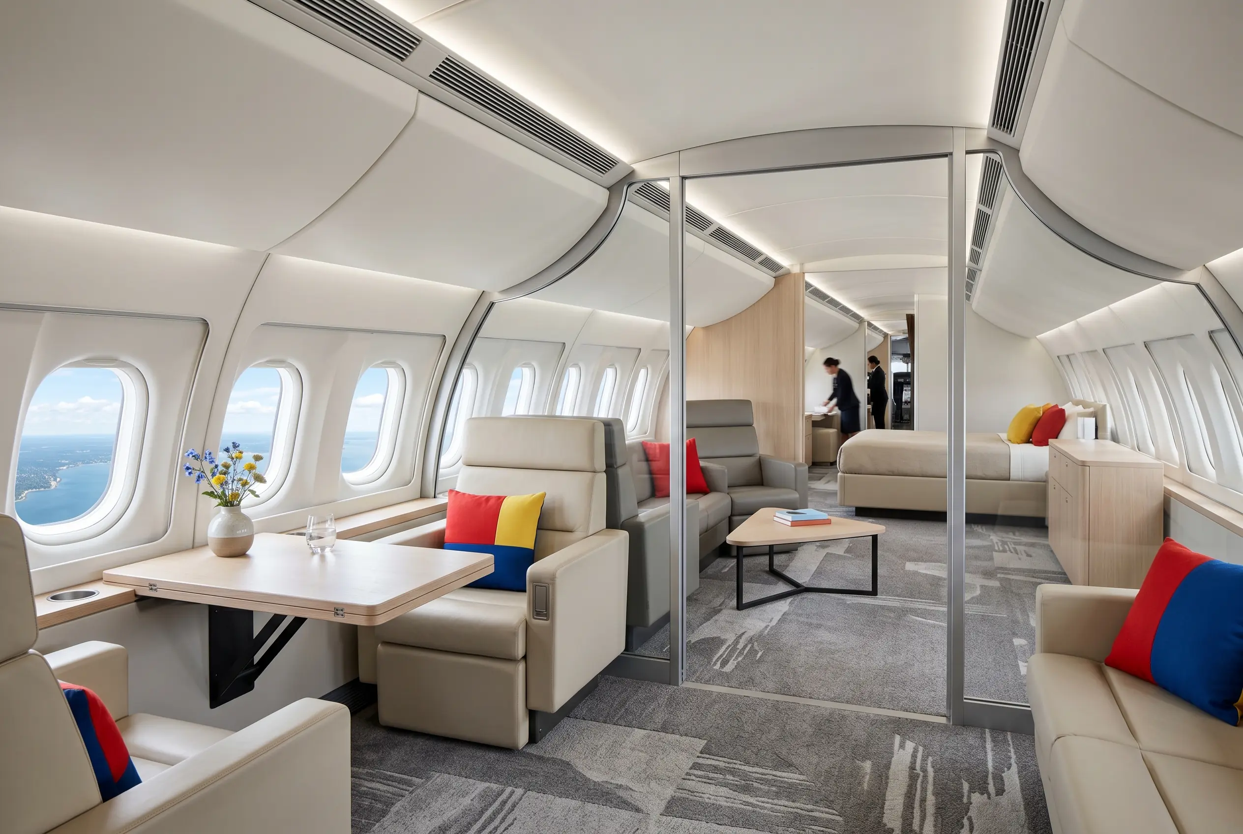 Airbus ACJ320neo VIP cabin with separate lounges and a stateroom for a New York to Miami charter
