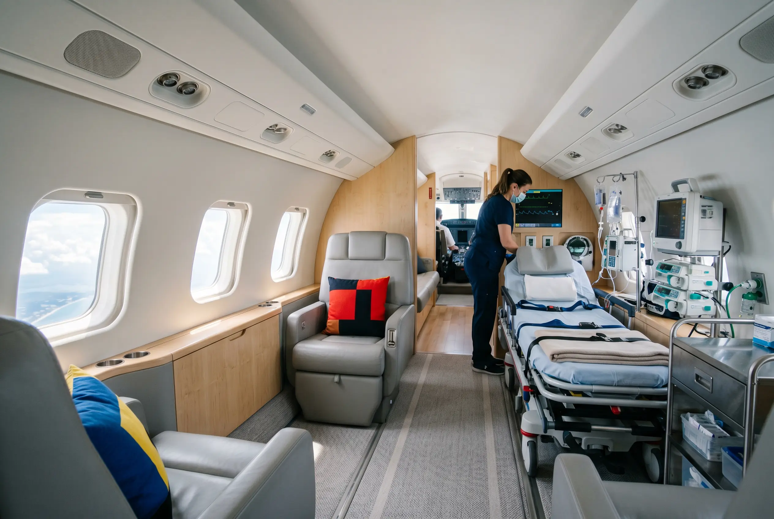 Medically configured jet cabin with a stretcher for a New York to Miami transfer
