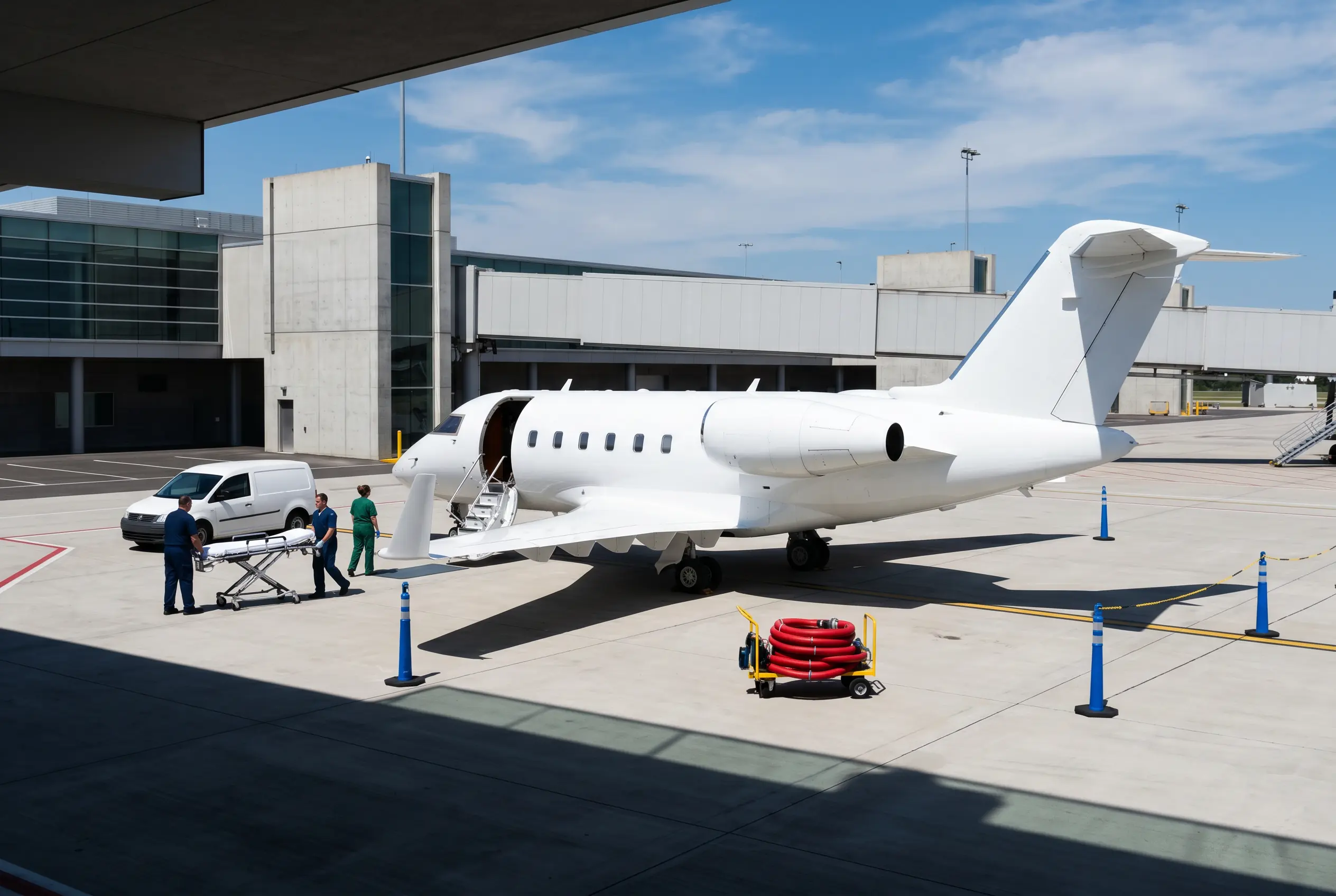 Air Ambulance Charter Flights Patient transfer to a medical aircraft on a ramp for a flight to Miami