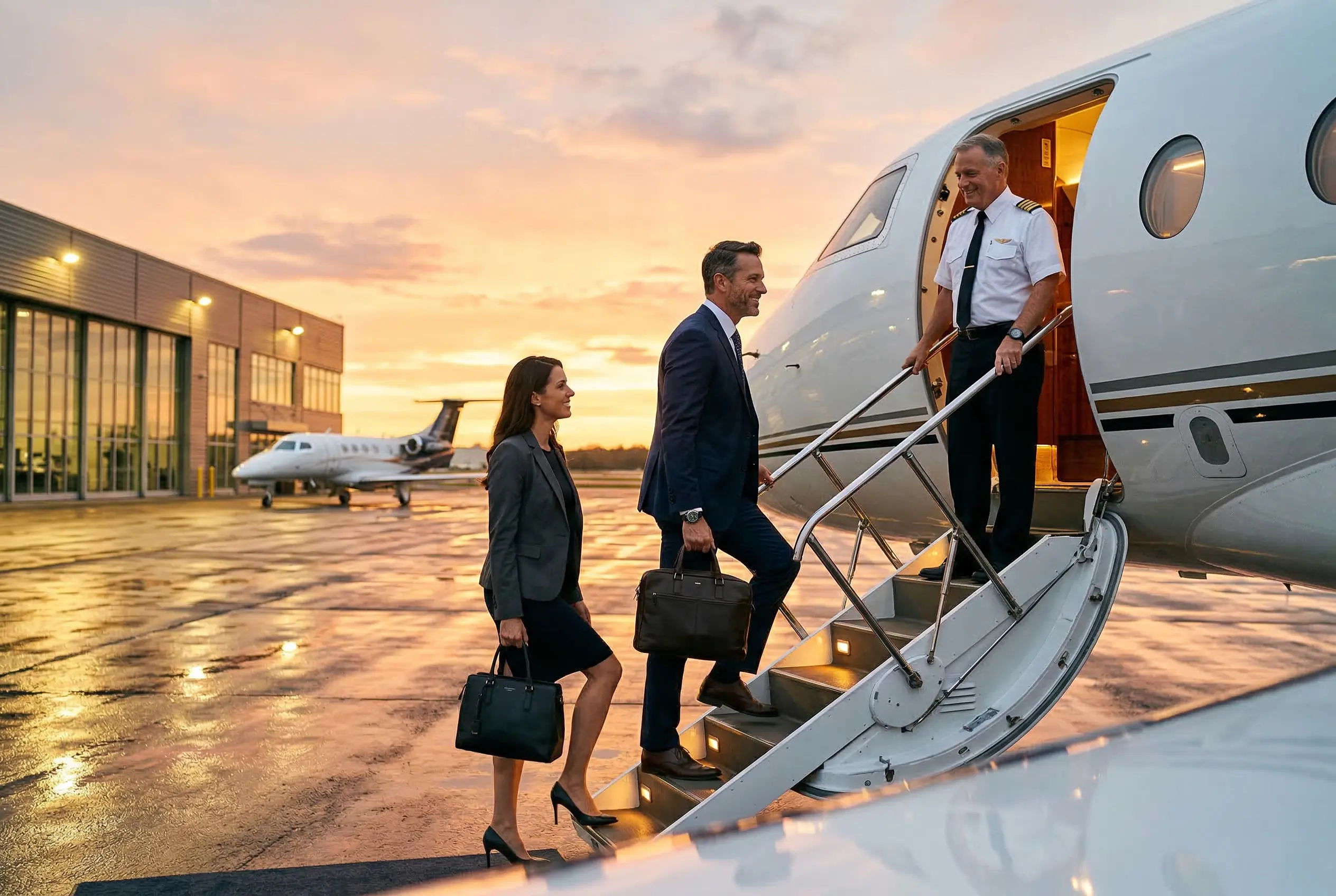 Business professionals boarding a private jet at sunset