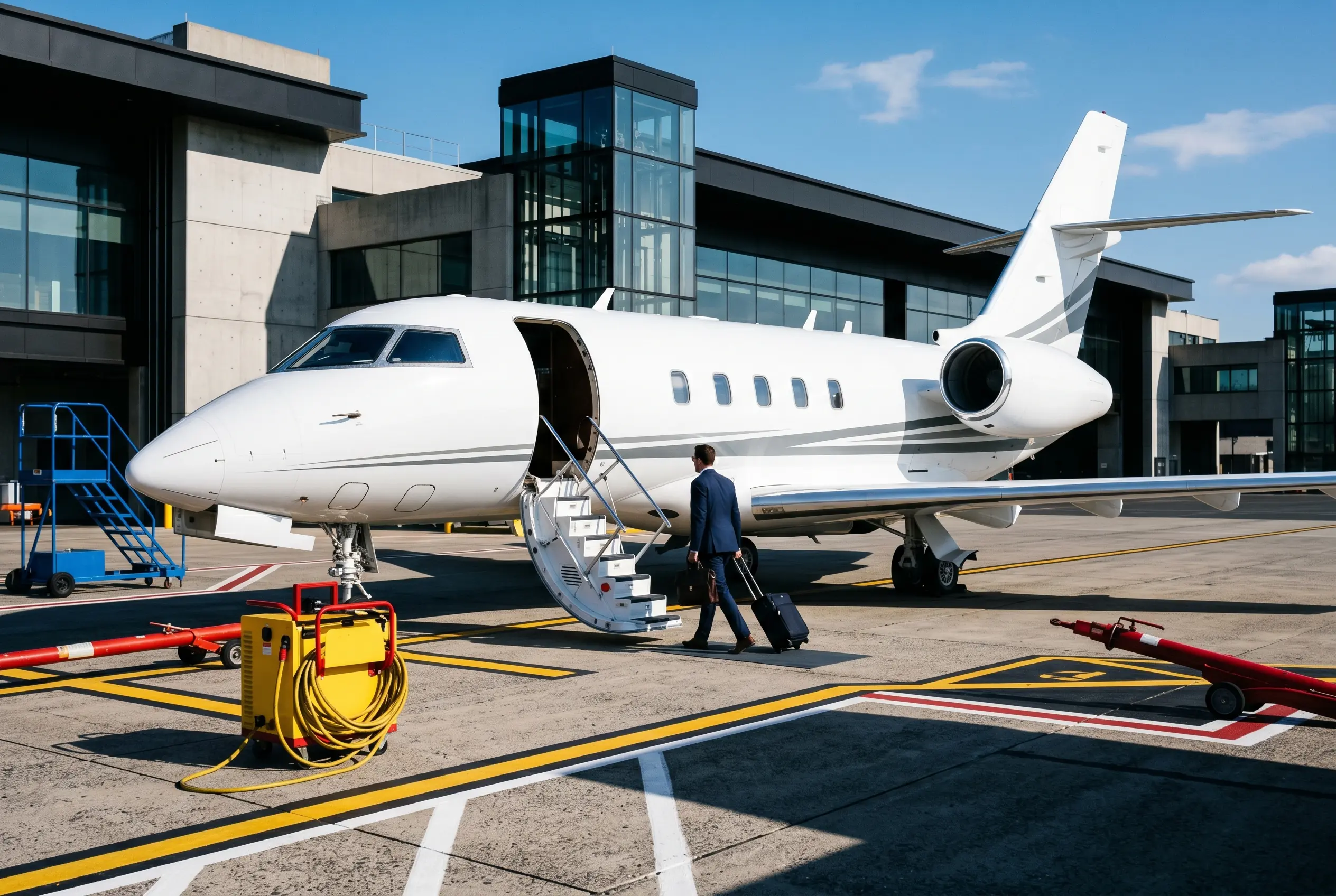 Business traveller boarding a private jet at a New York FBO for Miami