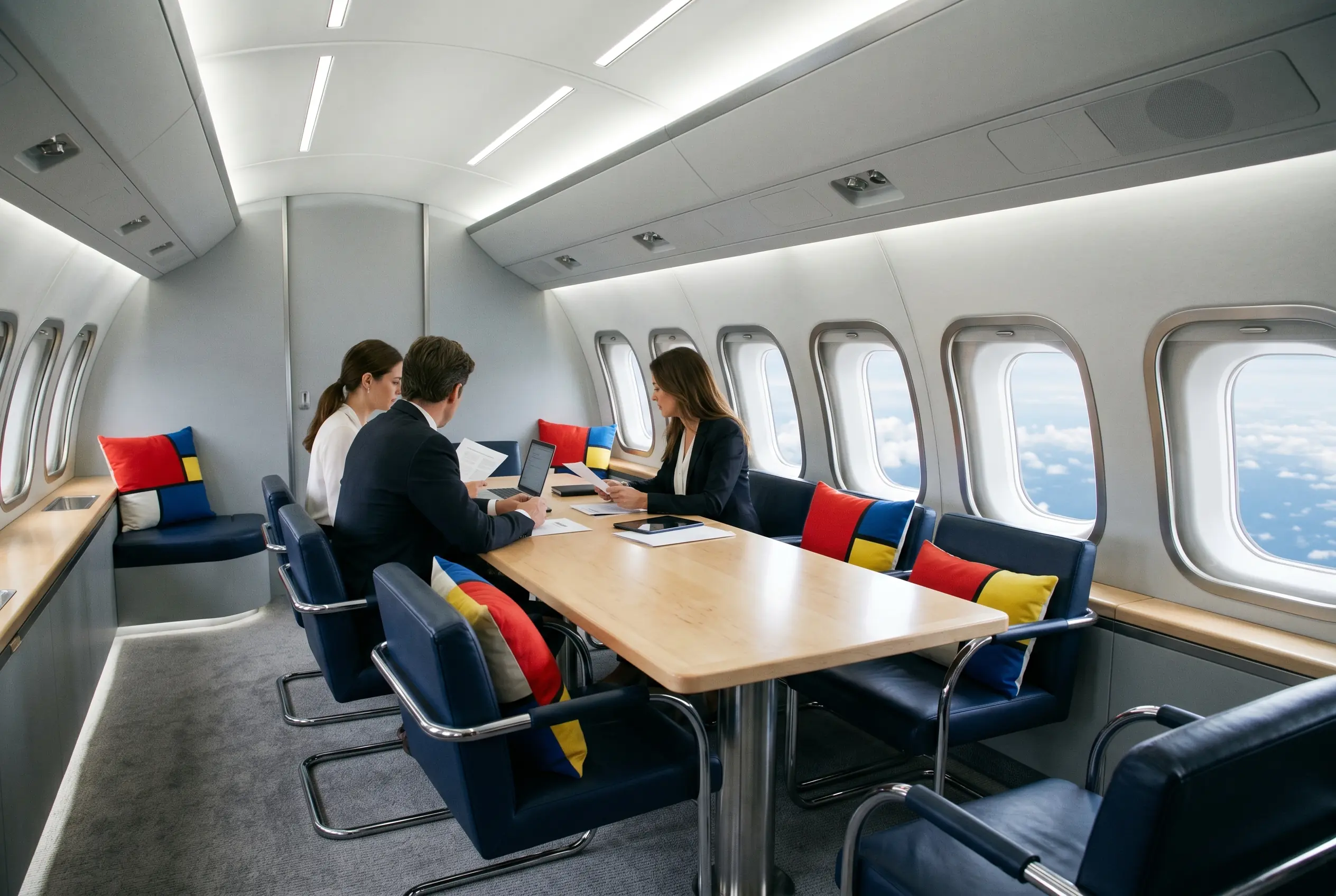 Executives working at a cabin worktable en route from New York to Miami