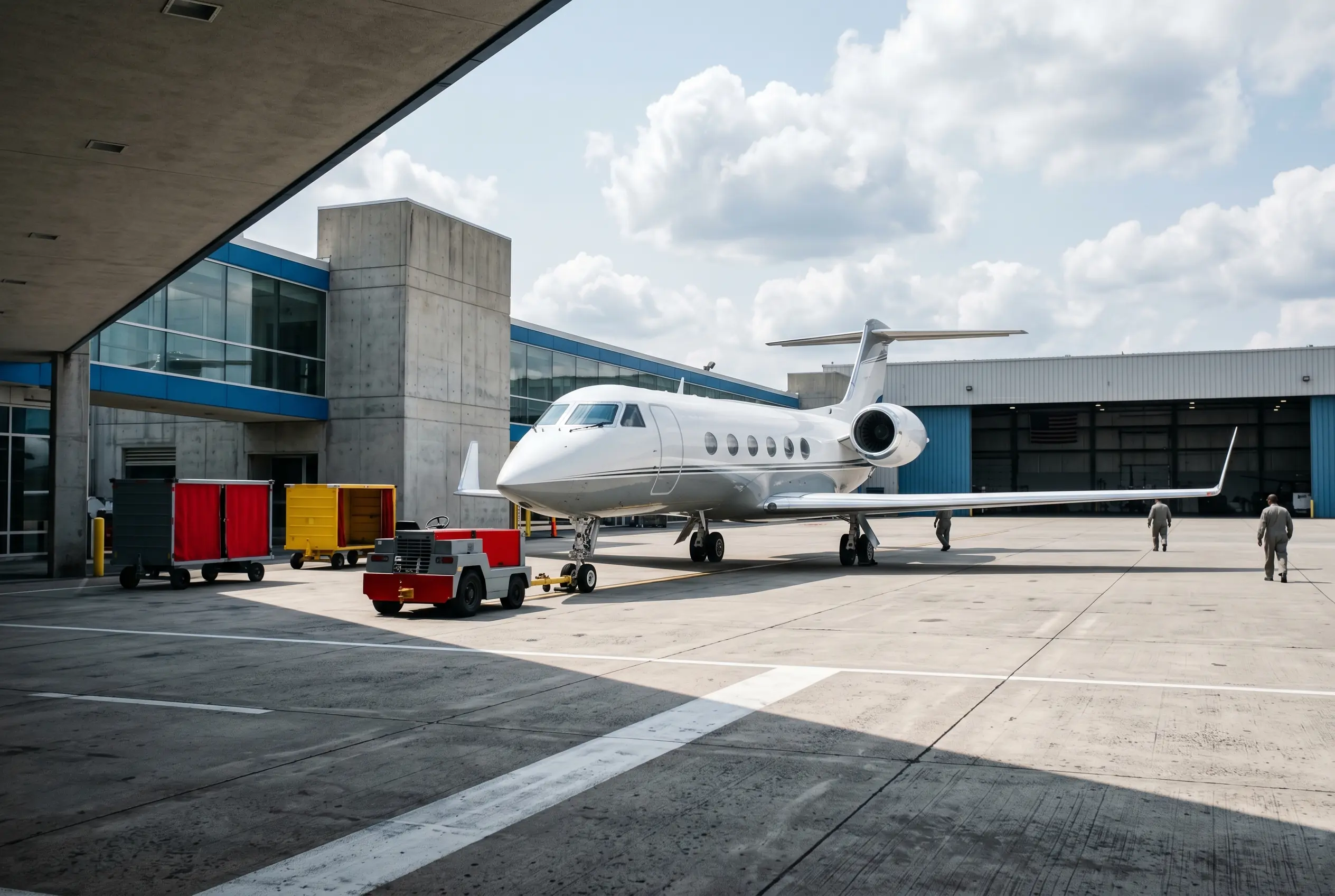 Private FBO terminal at Teterboro with a business jet on the ramp for Miami