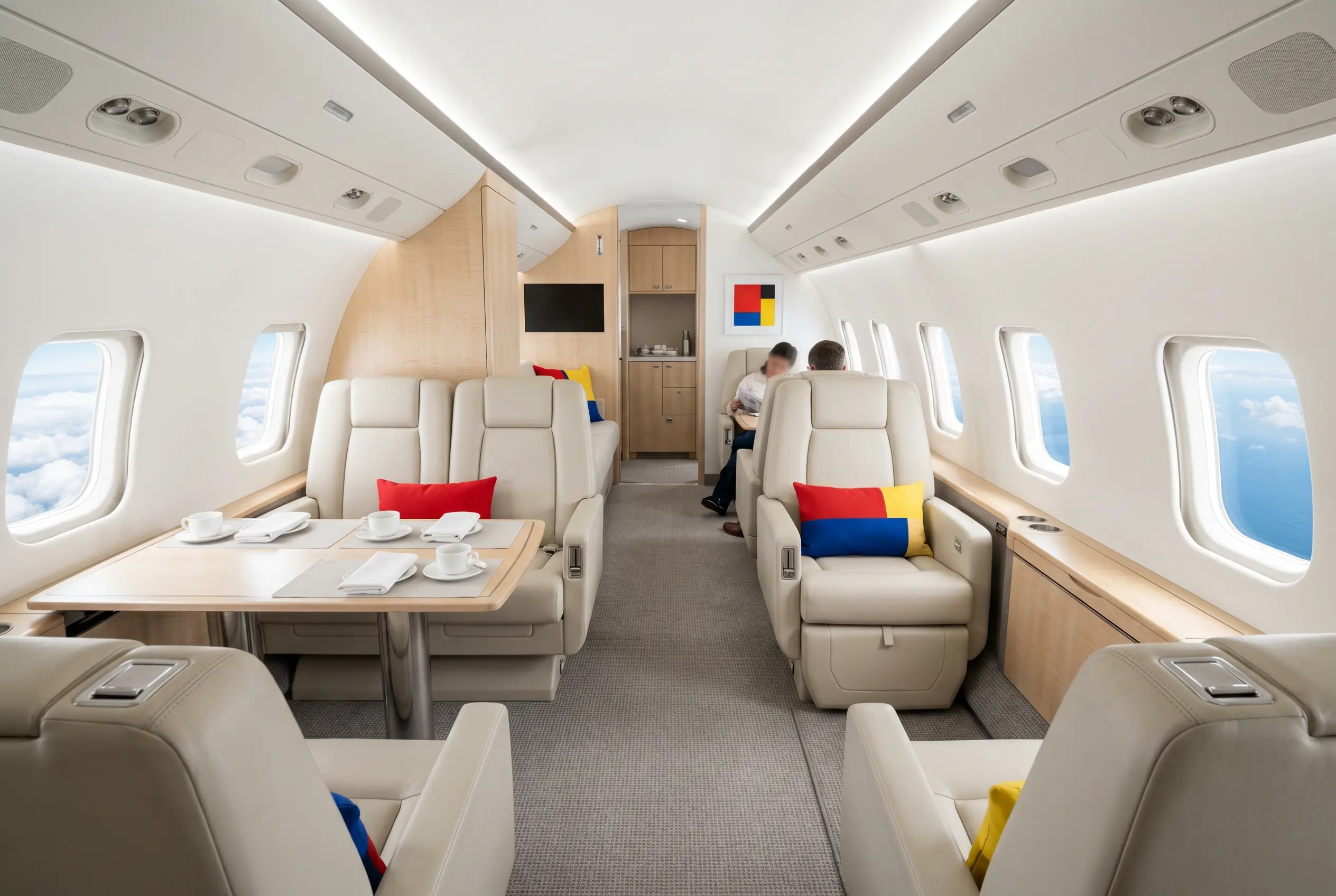 Bombardier Challenger 300 flat-floor cabin in double-club seating for a New York to Miami charter