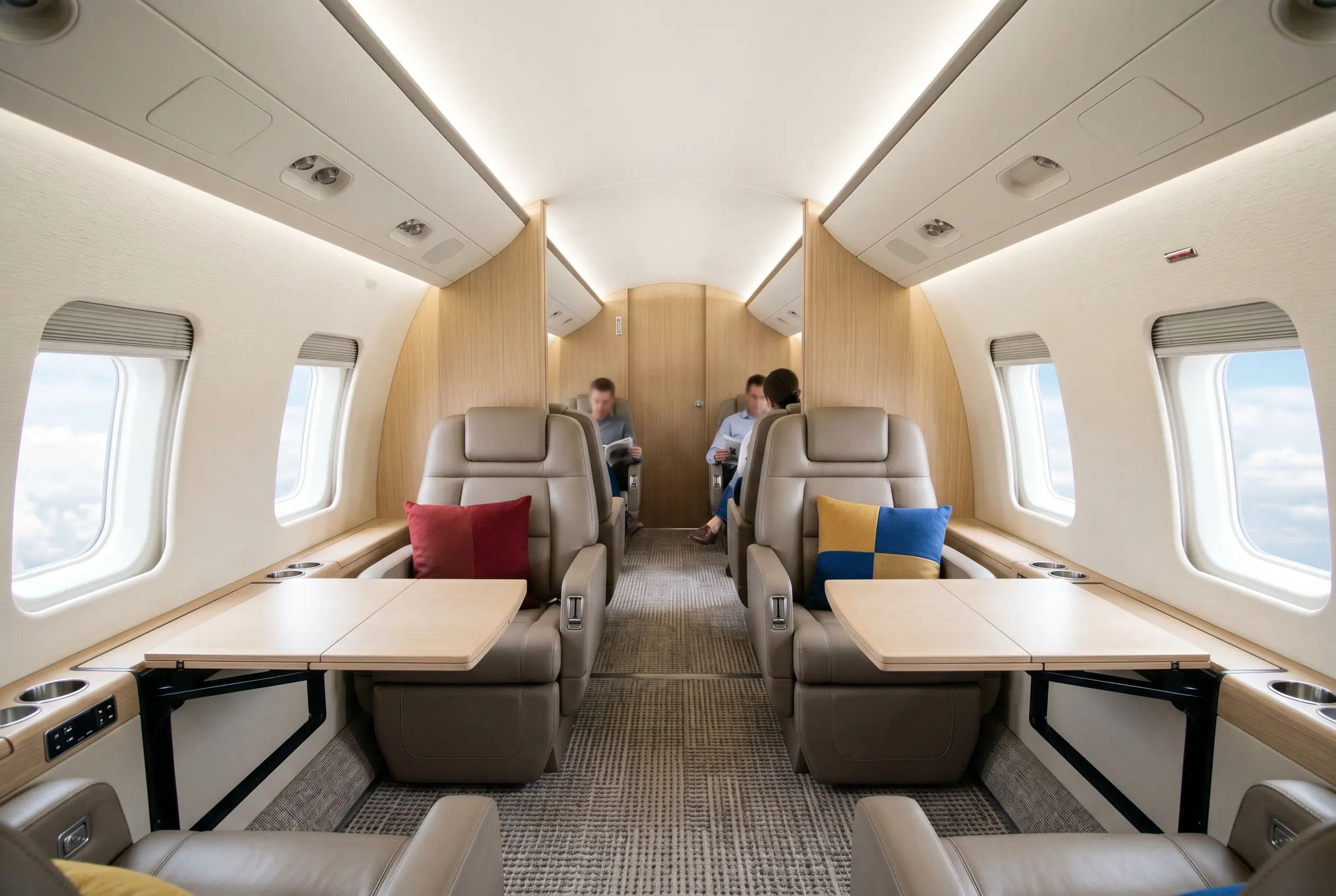 Bombardier Challenger 350 flat-floor cabin in double-club seating for a New York to Miami charter