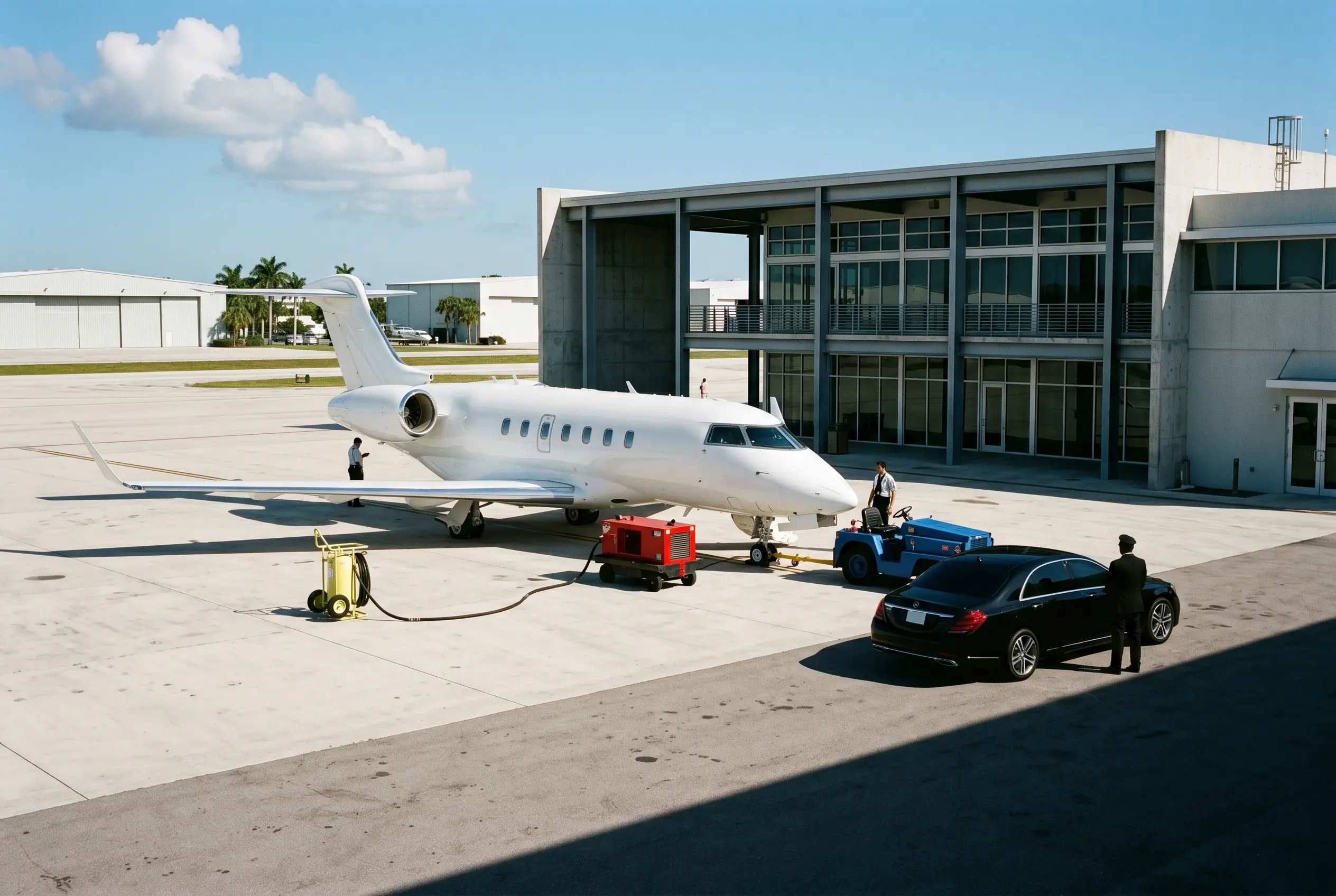 Chauffeured car waiting planeside at a Miami FBO for a charter arrival