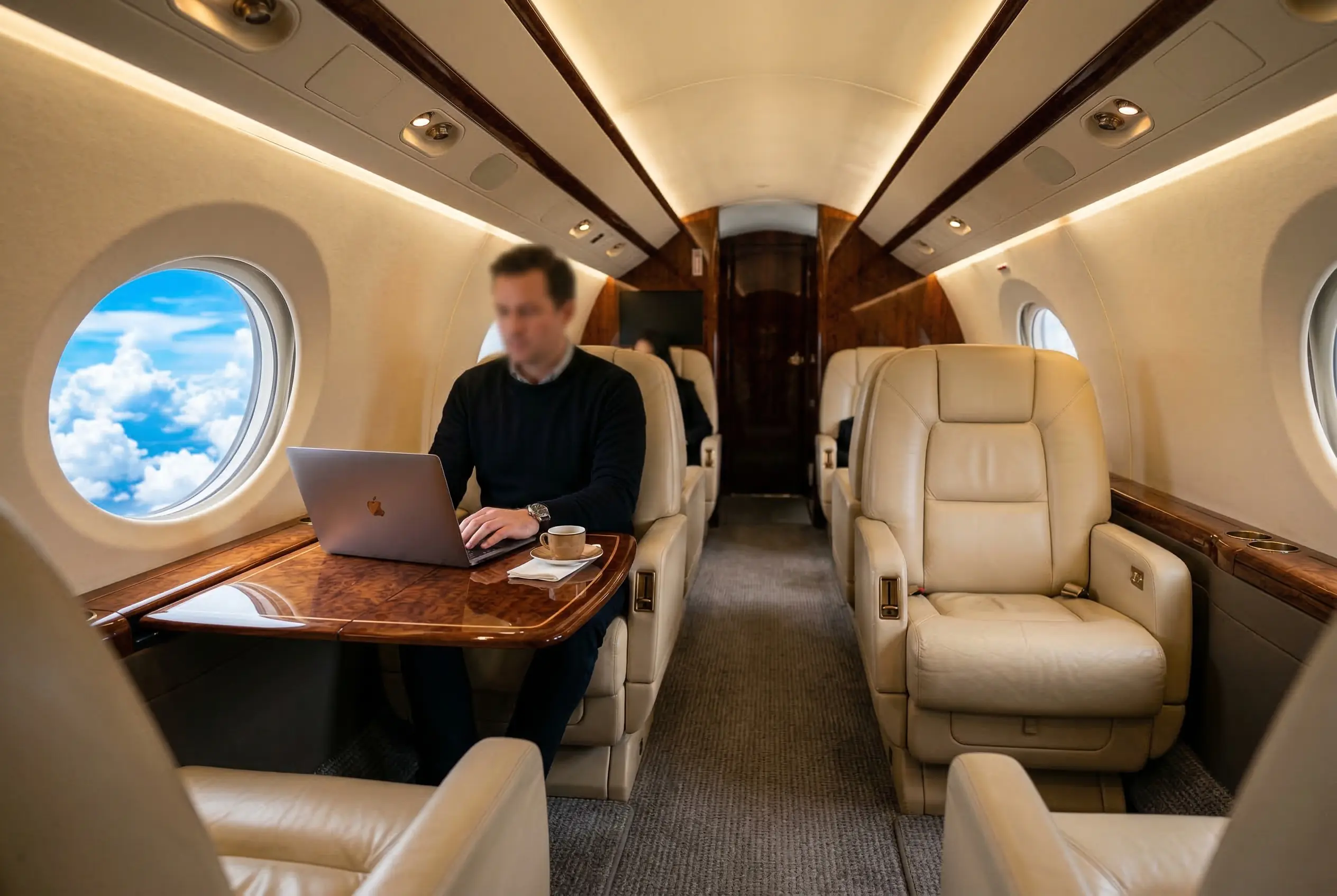 Private jet cabin interior with leather club seating during flight