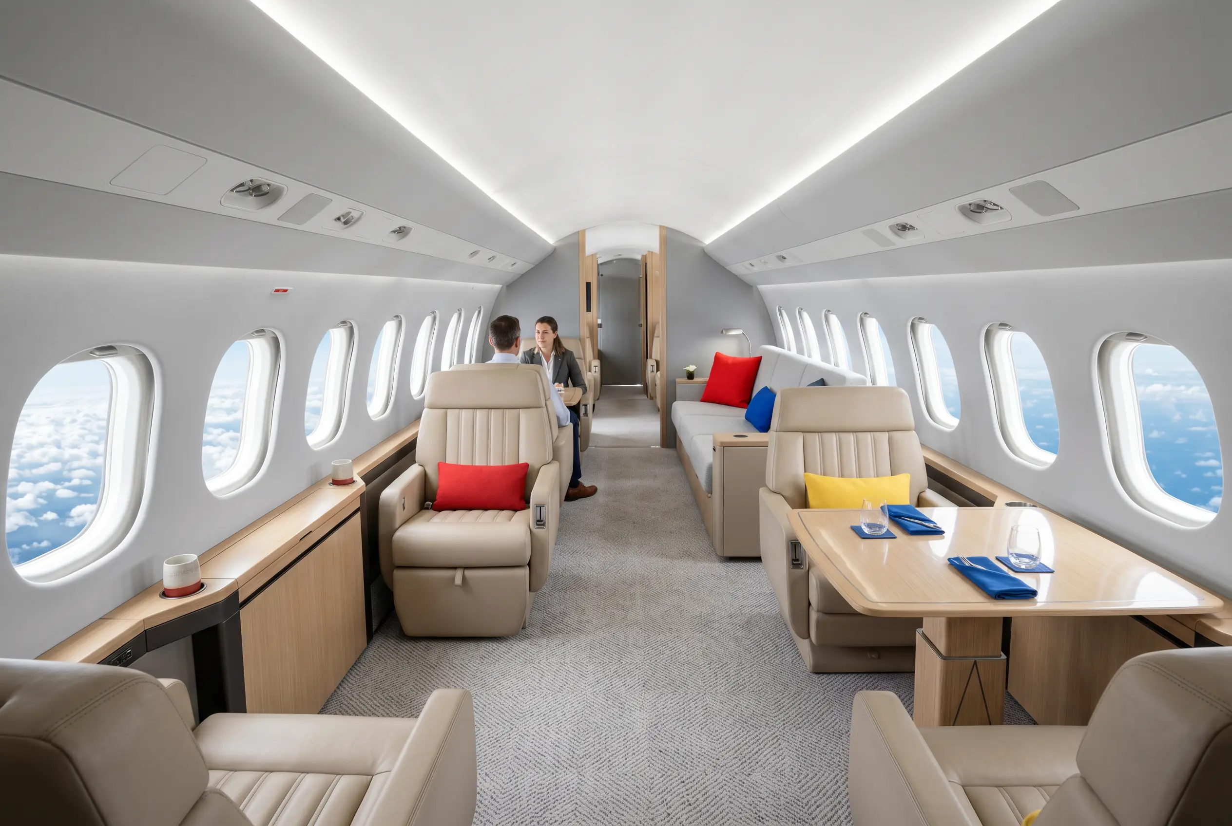 Dassault Falcon 7X cabin in three-zone layout for a New York to Miami charter