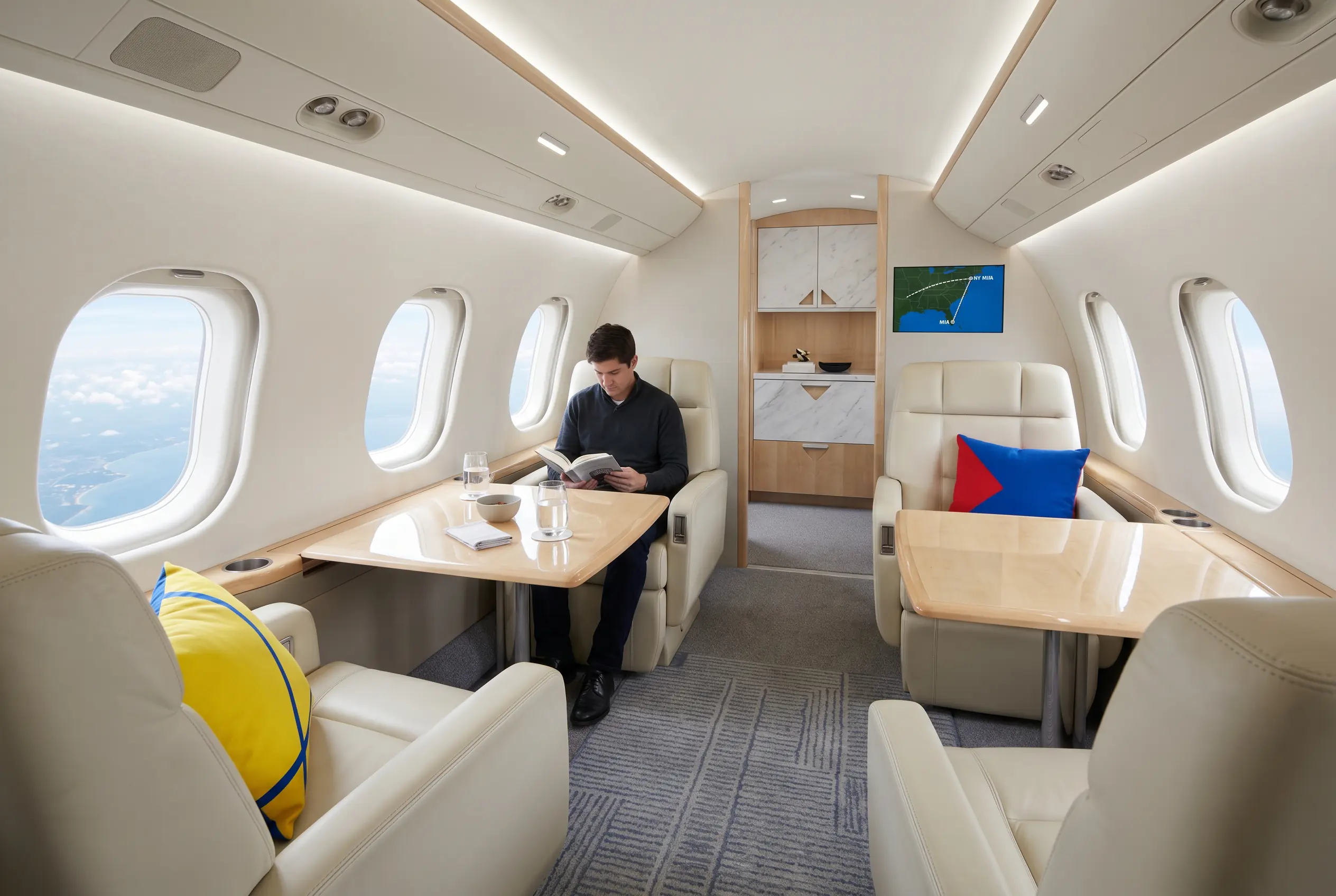 Bombardier Global 5500 wide cabin in club seating for a New York to Miami charter