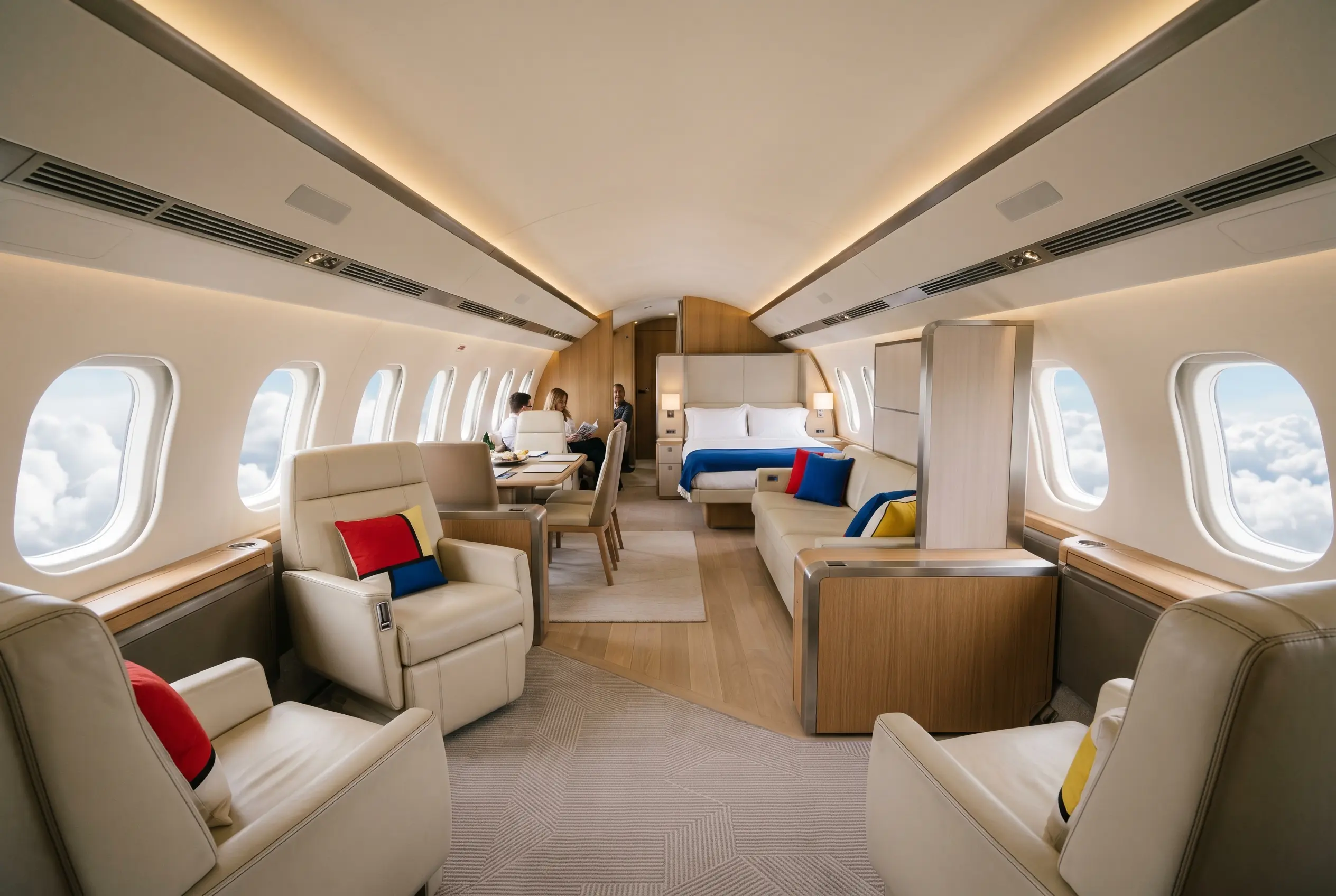 Bombardier Global 7500 cabin with four living zones and a master suite for a New York to Miami charter