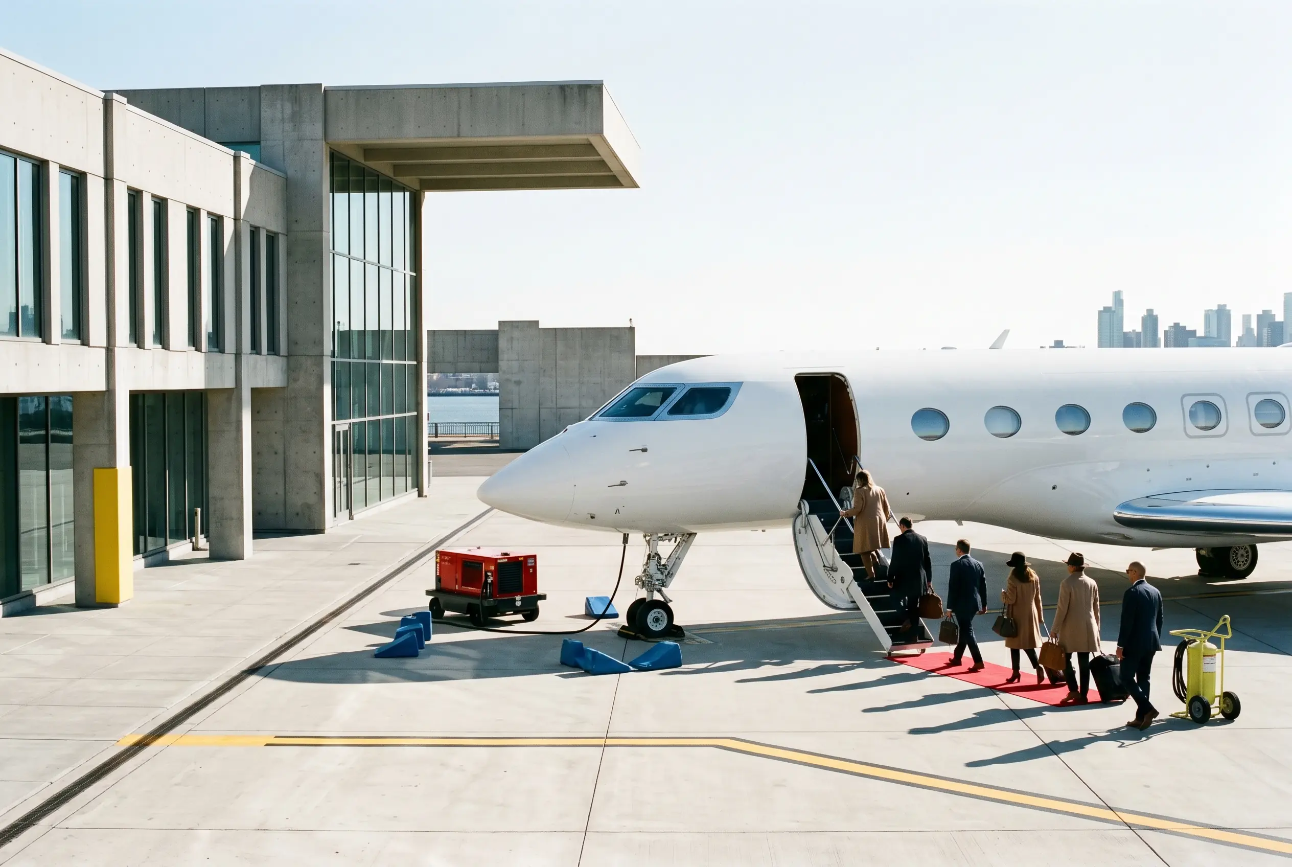 A group boarding a large private jet at a New York FBO for Miami
