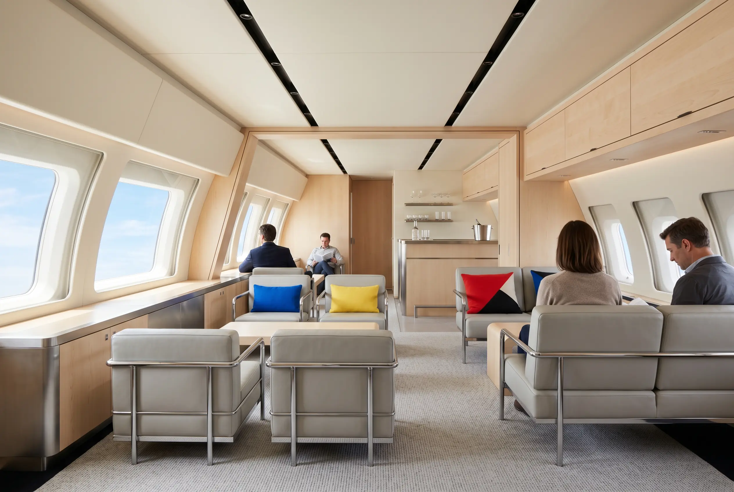 Large jet cabin set for a group travelling together from New York to Miami