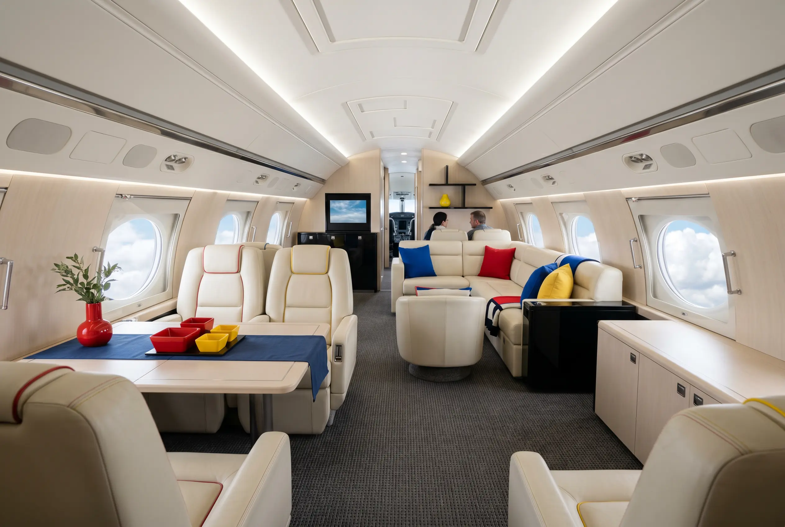 Gulfstream G550 cabin with multiple living areas for a New York to Miami charter