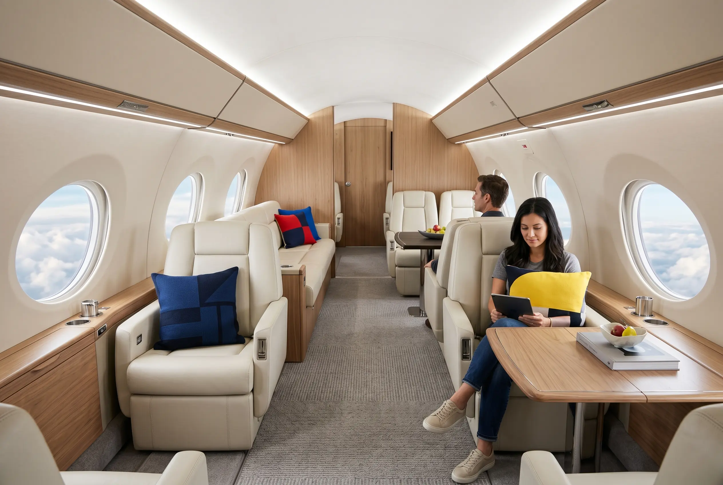 Gulfstream G600 cabin with separate living zones for a New York to Miami charter