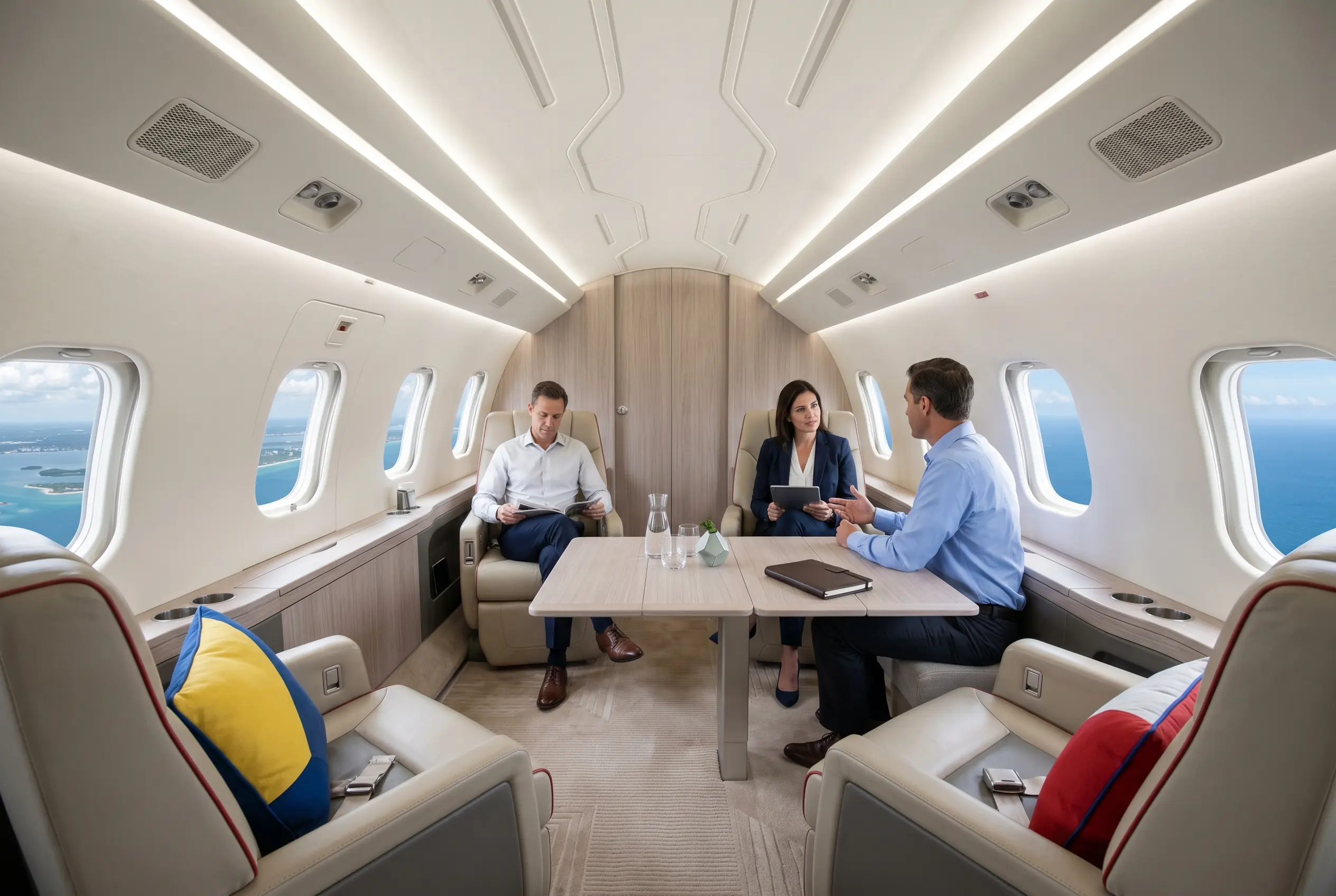 Hawker 4000 flat-floor cabin in club seating for a New York to Miami charter