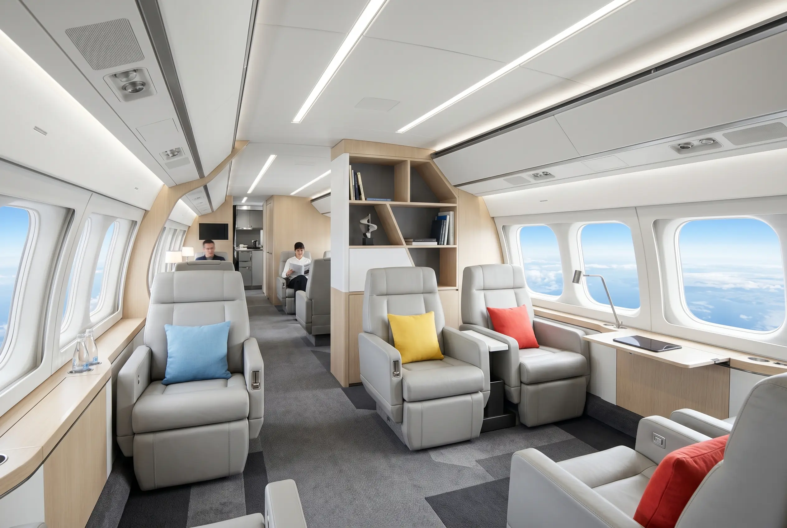 Large heavy jet cabin with multiple seating zones for a New York to Miami charter