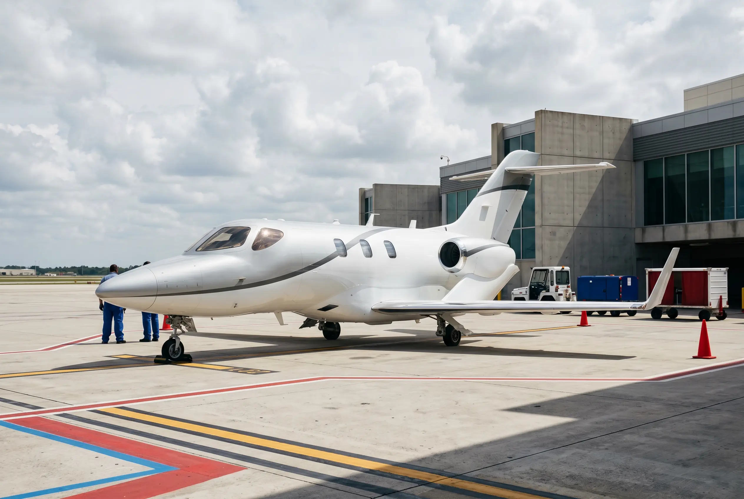 HondaJet Elite II with over-wing engines on a ramp before a New York to Miami flight