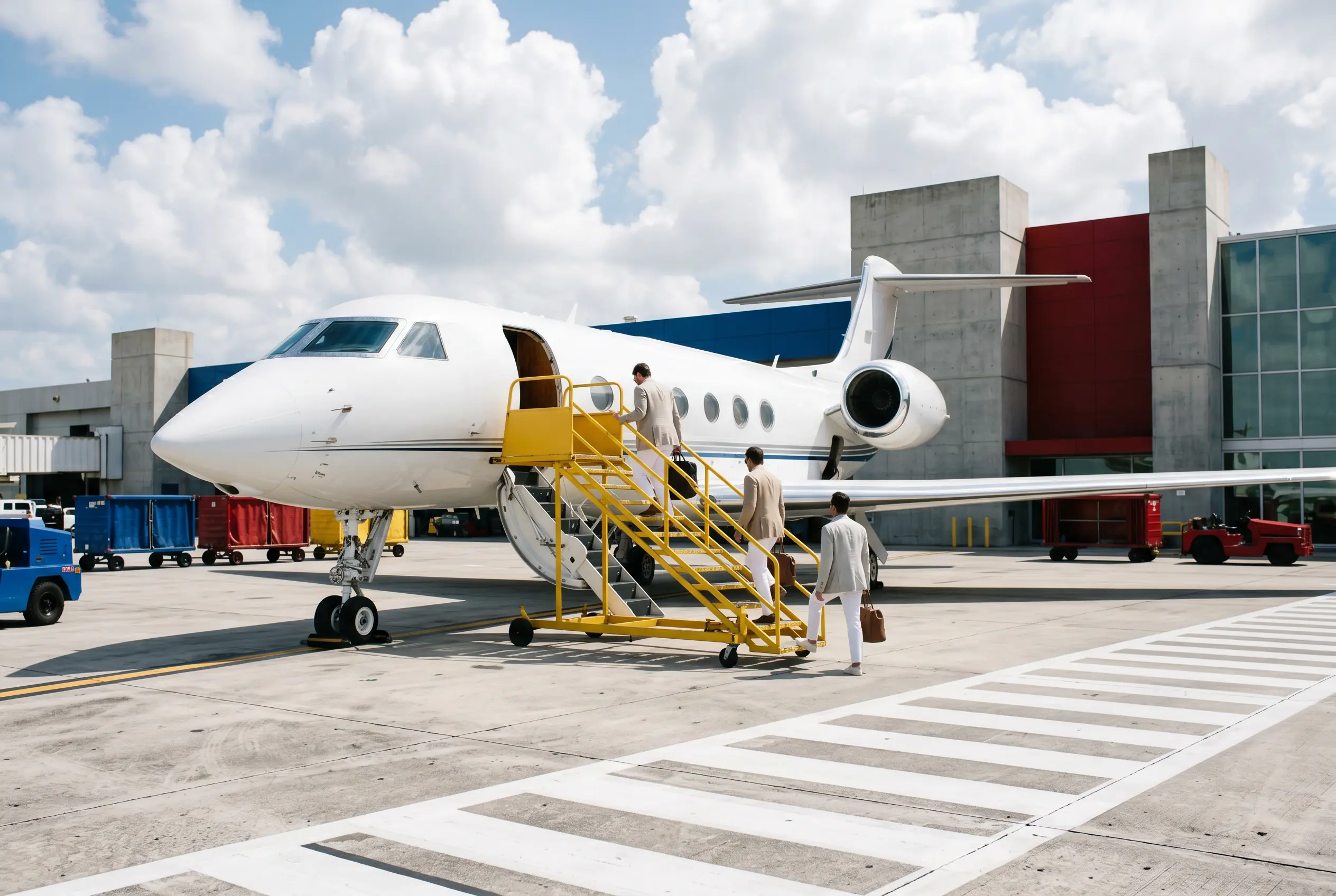 Guests arriving by private jet at a Miami FBO for an event