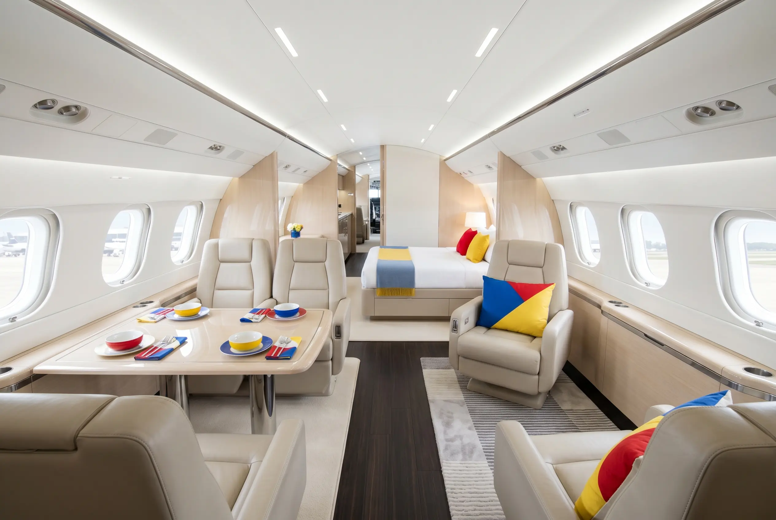 Embraer Lineage 1000E cabin with up to five zones and an optional bedroom for a New York to Miami charter
