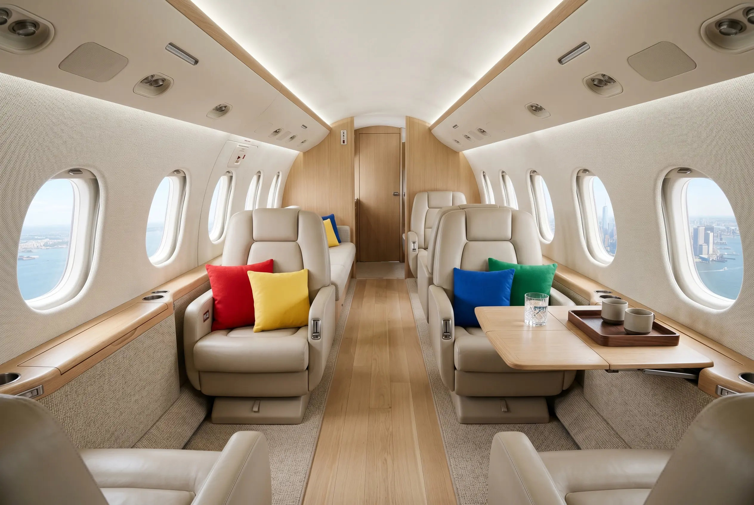 Stand-up midsize jet cabin set for a New York to Miami charter