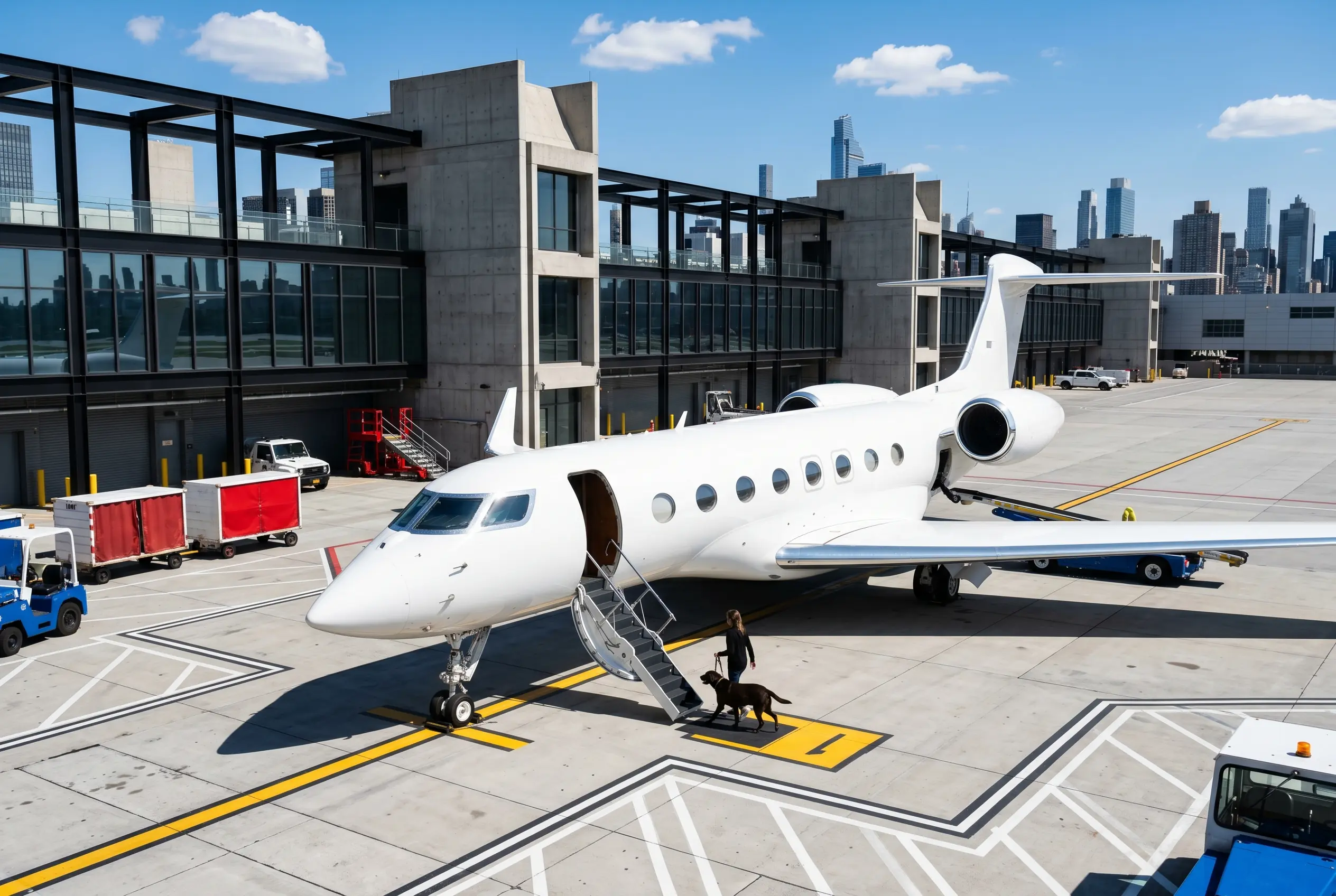 Pets Charter Flights A traveller boarding a private jet with a dog on a lead at a New York FBO