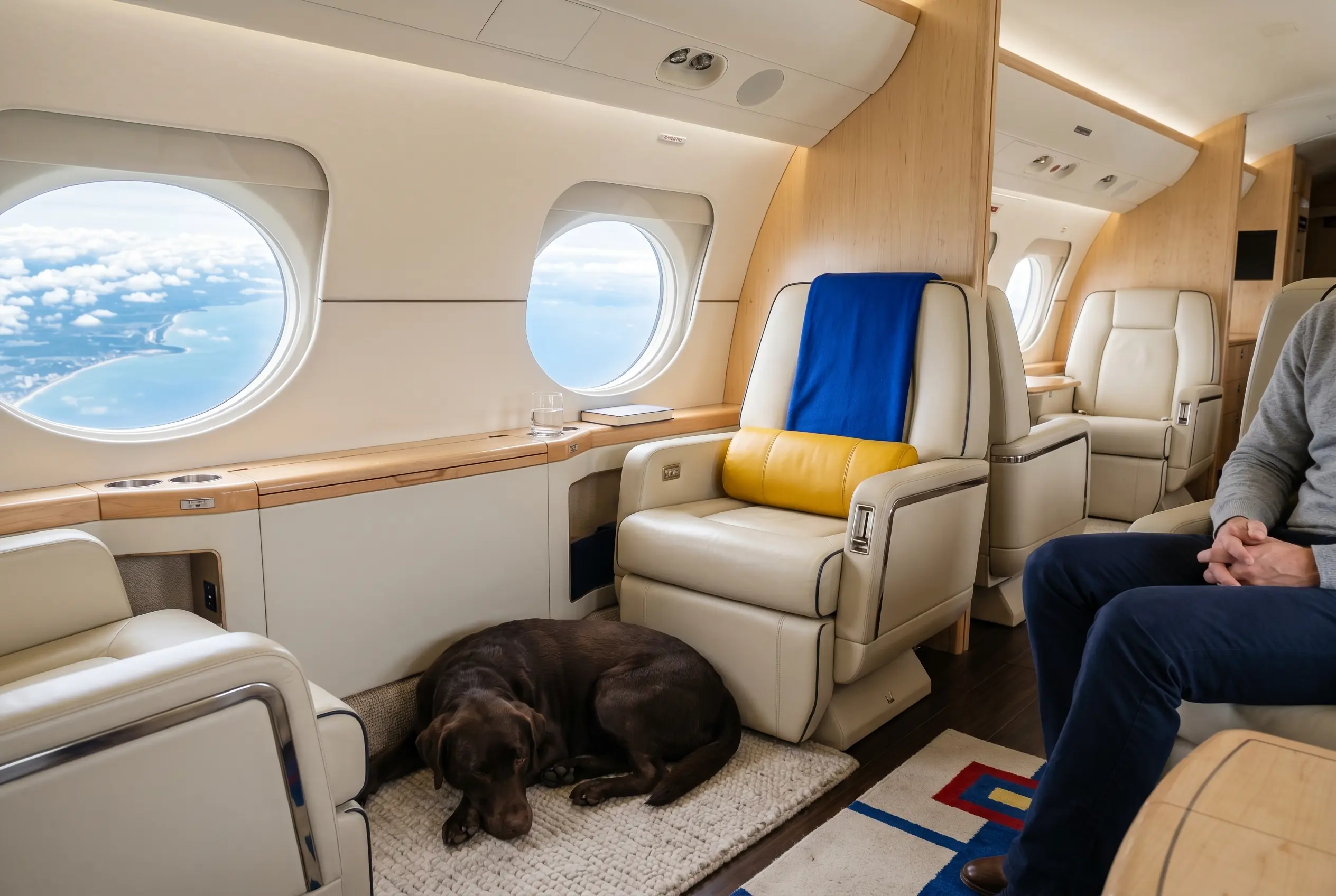 Private jet cabin with a dog resting beside a seat on a New York to Miami flight