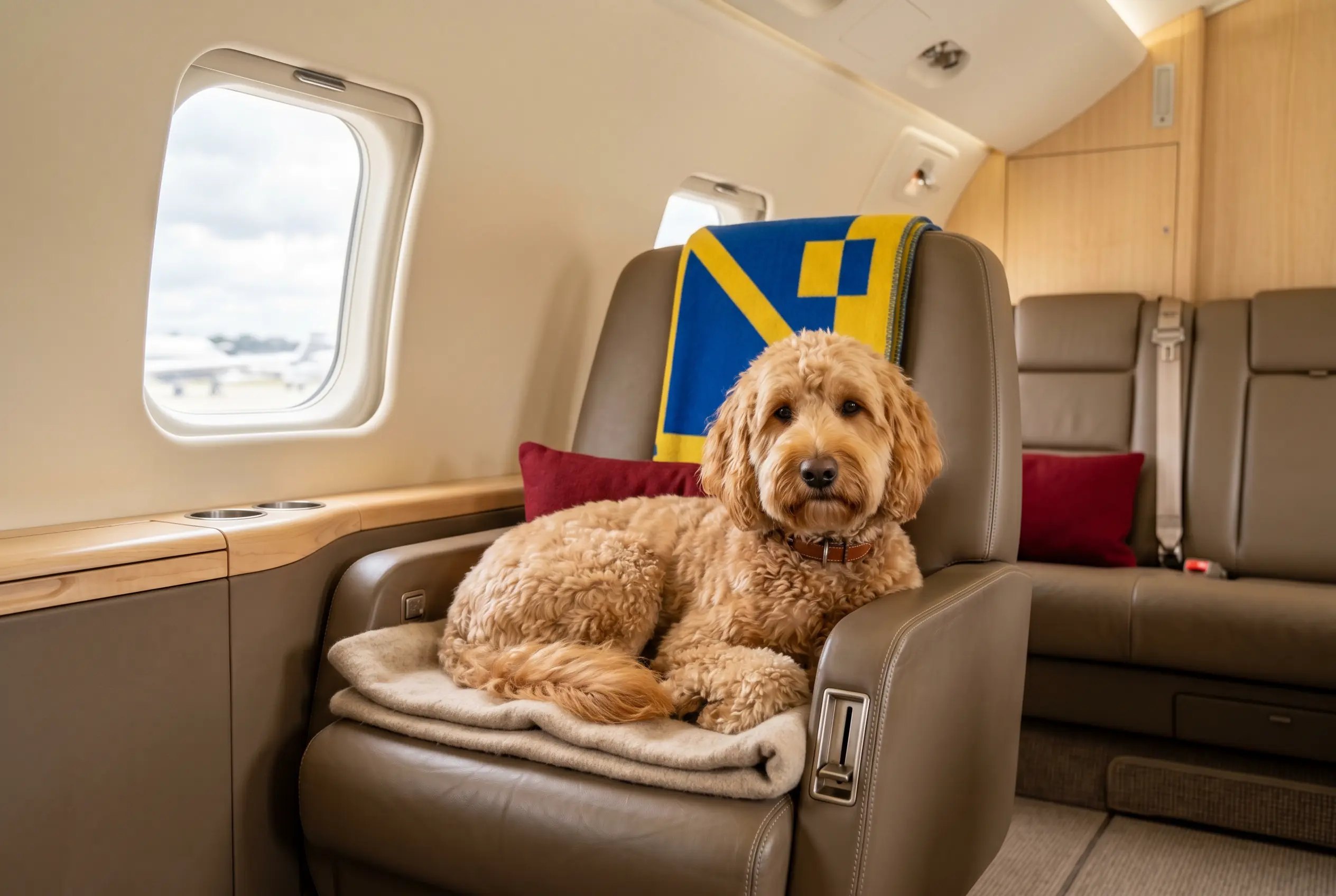 A calm dog settled on the cabin floor of a private jet bound for Miami