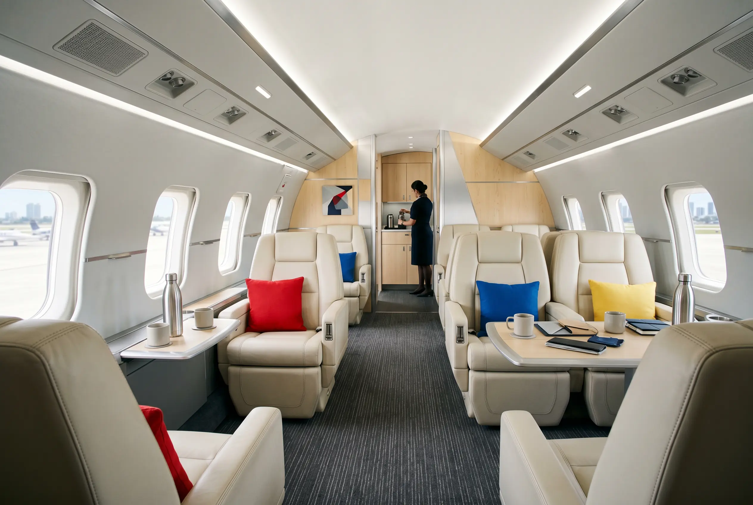 Wide super-midsize jet cabin configured for a New York to Miami charter