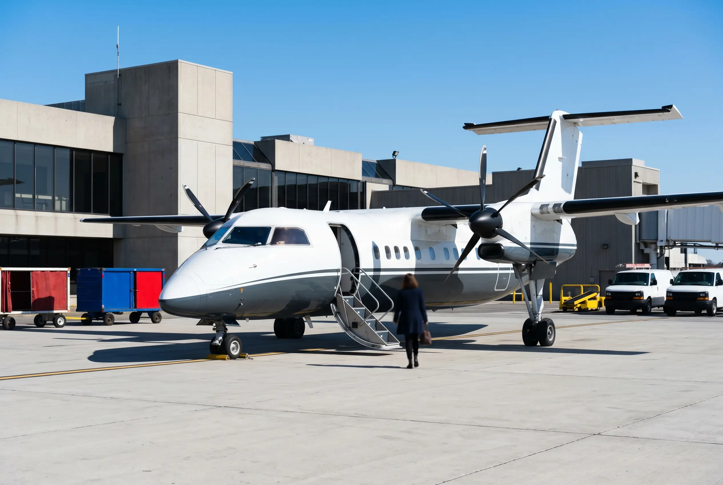 Turboprops Passenger boarding a turboprop by airstair at a regional New York field