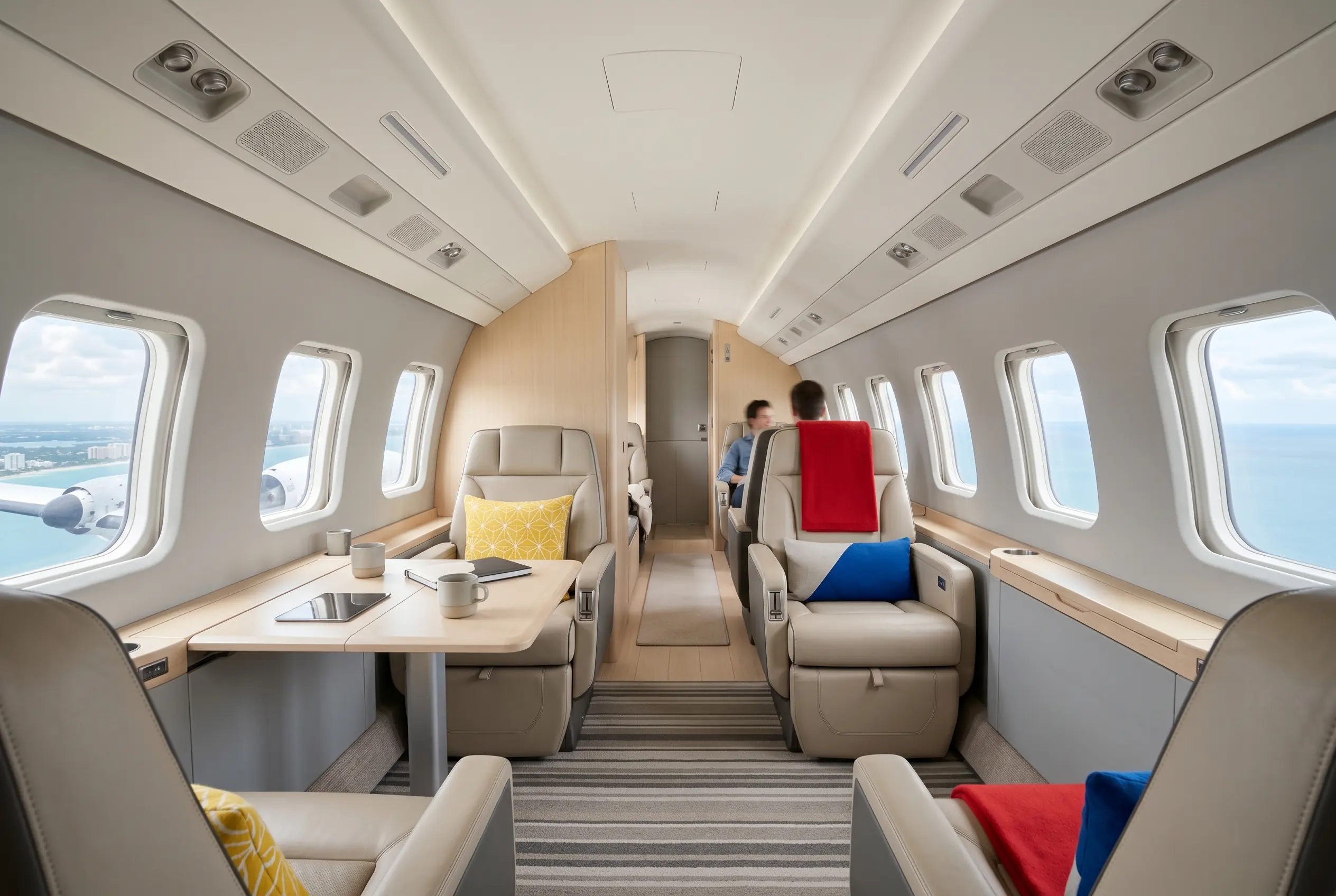 Pressurised turboprop cabin in club seating for a New York to Miami flight