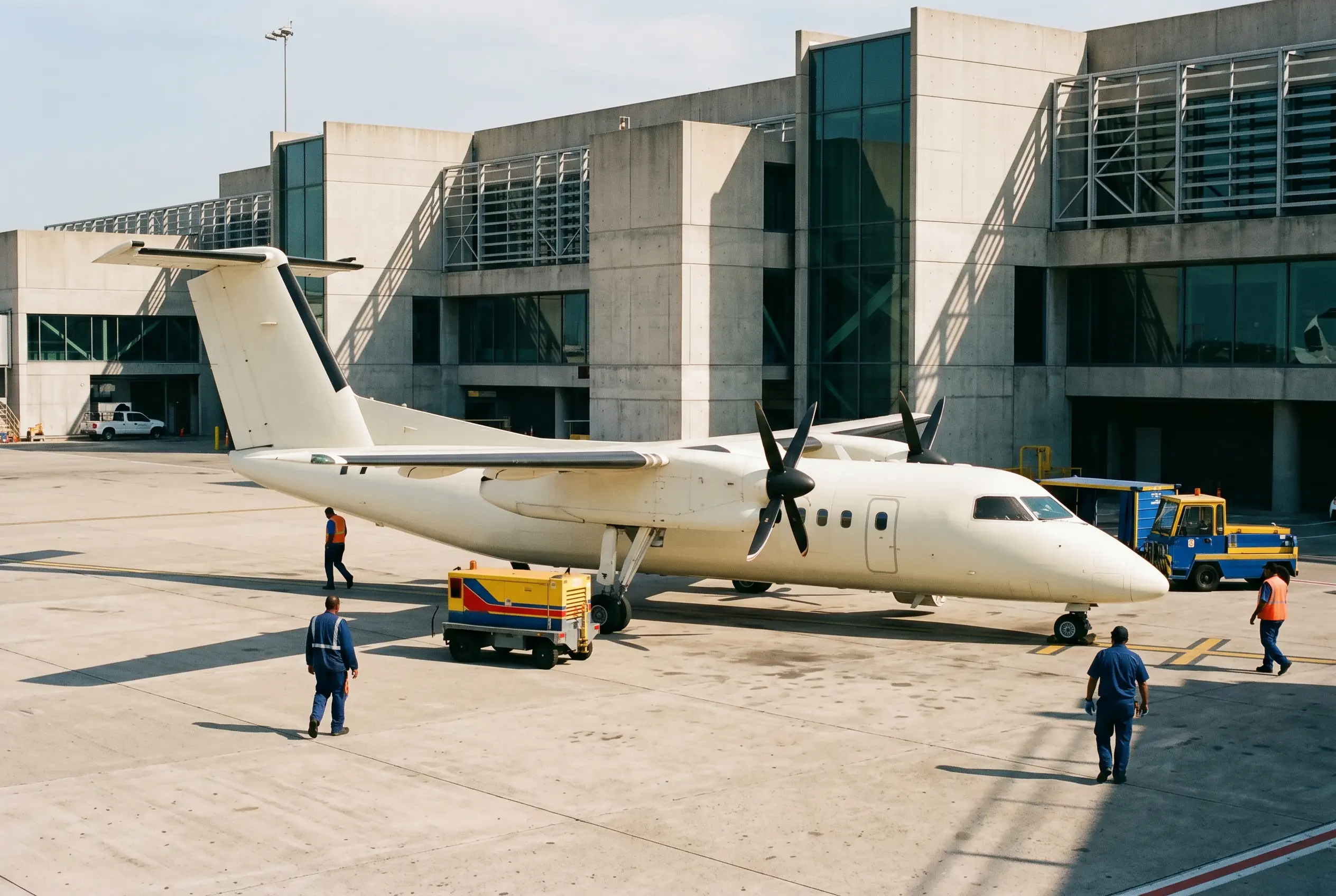 Twin turboprop on a regional ramp before a New York to Miami charter