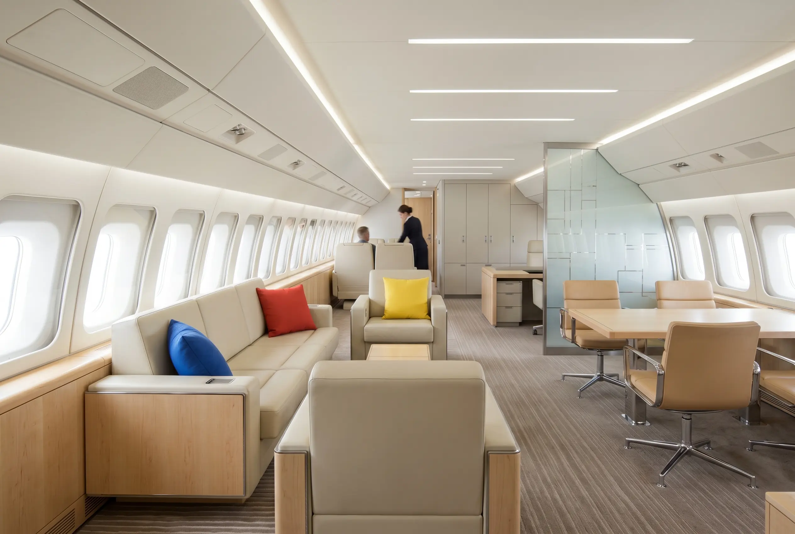 Ultra-long-range jet cabin with multiple living zones for a New York to Miami charter