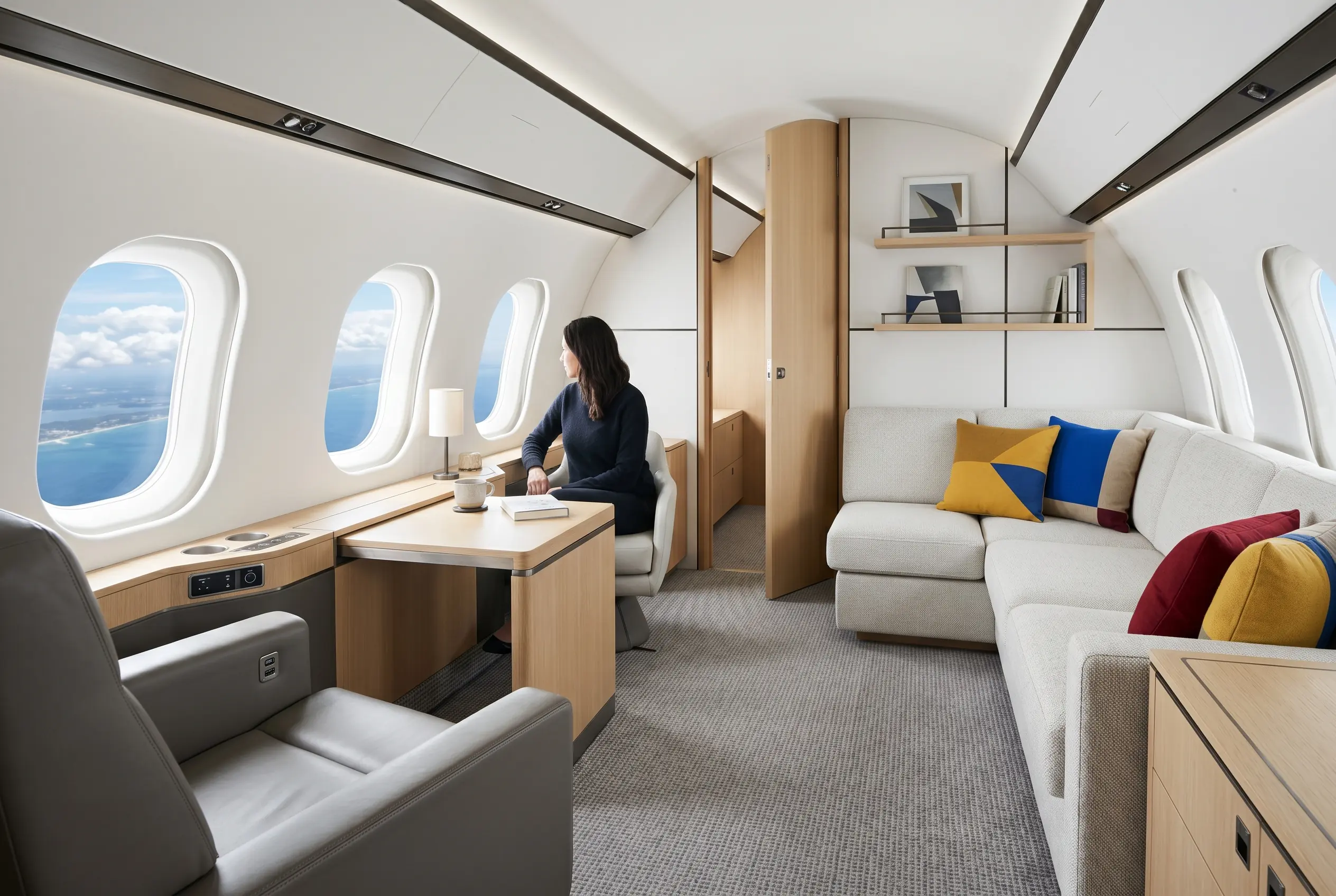 Ultra-Long-Range Jets Private aft stateroom in an ultra-long-range jet on a New York to Miami flight