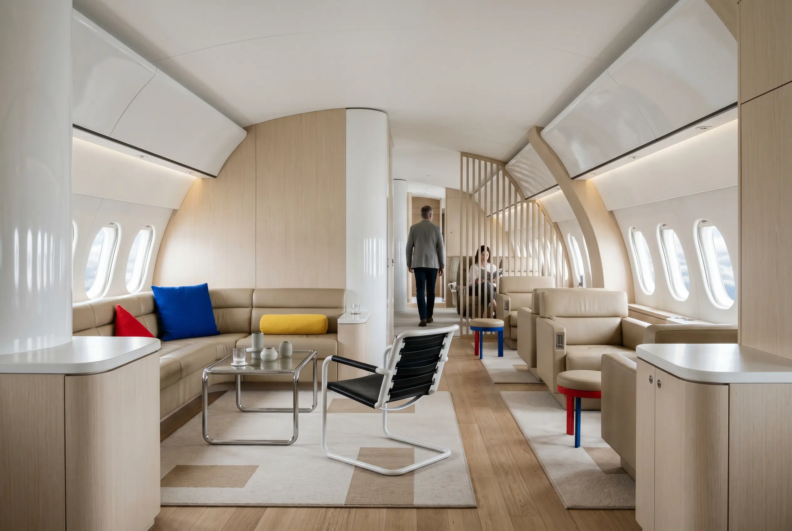 Custom VIP airliner interior with lounge zones for a New York to Miami charter